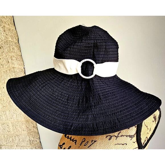 Lauren Ralph Lauren Wide Brim Floppy Sun Hat, Black/White, Sz M NWOT, NEW - Picture 1 of 10